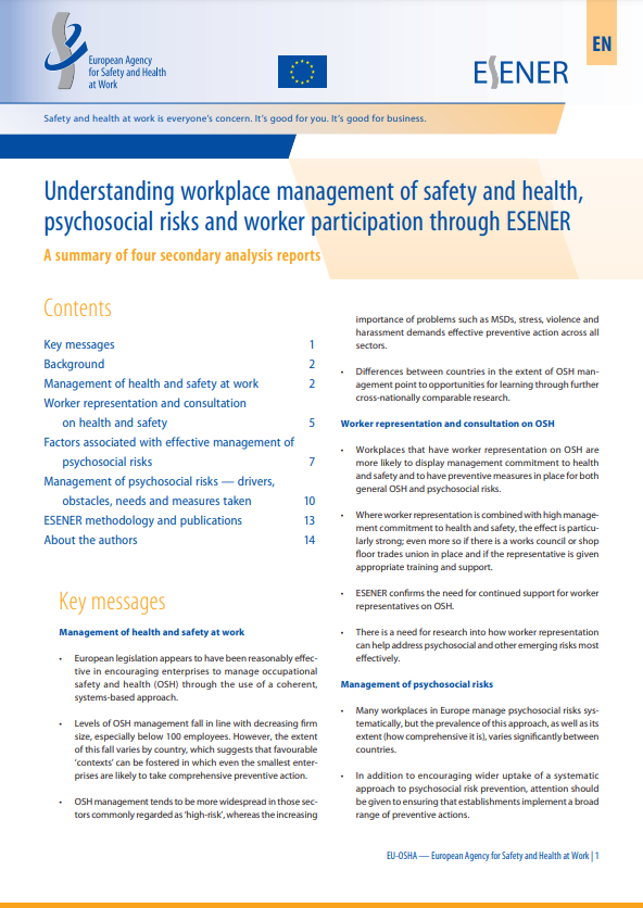 A summary of four secondary analysis reports: Understanding workplace management of safety and health, psychosocial risks and worker participation through ESENER