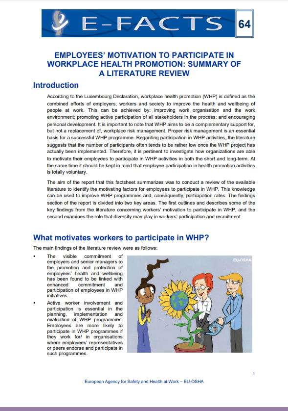 E-fact 64: Employees’ motivation to participate in workplace health promotion - summary of a literature review