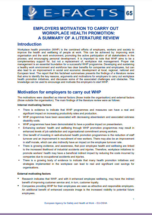 E-fact 65: Employers motivation to carry out workplace health promotion - summary of a literature review