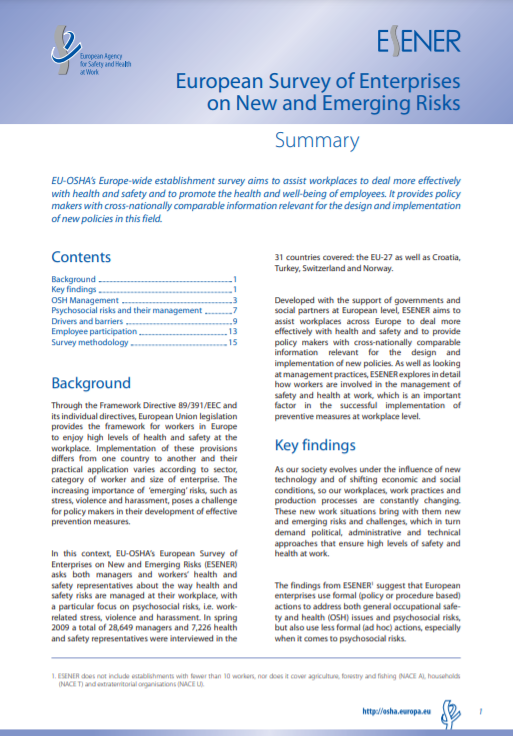 European Survey of Enterprises on New and Emerging Risks - Summary