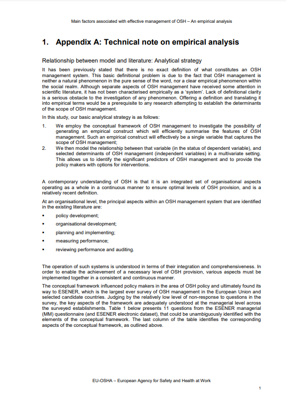 Management of occupational safety and health - An Analysis of the findings of the European Survey of Enterprises on New and Emerging Risks (ESENER) - Technical report annexes 1 and 2