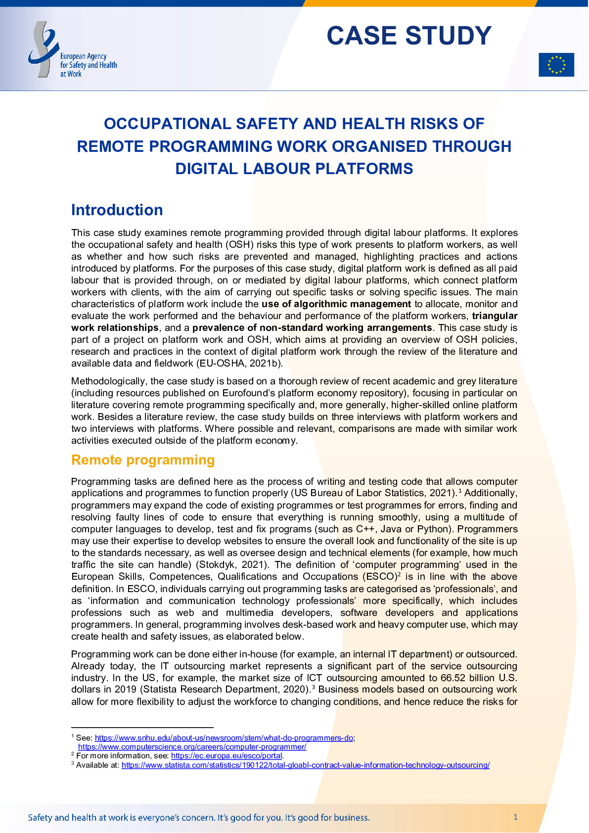 Cover of Occupational safety and health risks of remote programming work organised through digital labour platforms