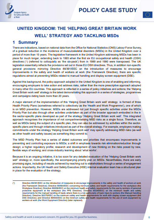 United Kingdom: The ‘Helping Great Britain work well’ strategy and tackling MSDs
