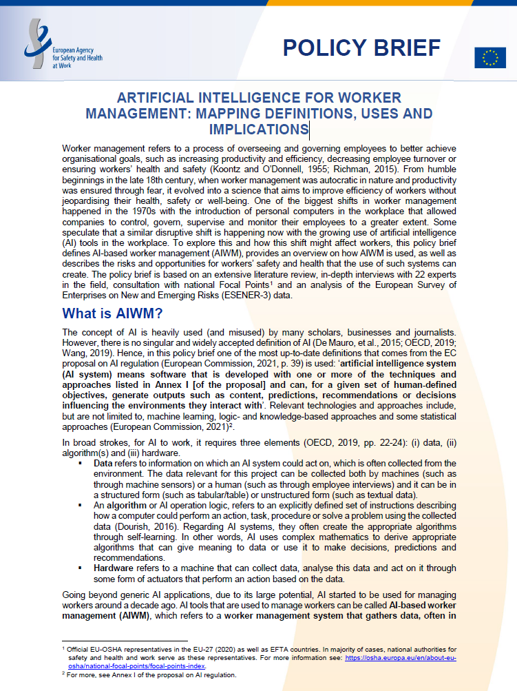 Artificial intelligence for worker management: mapping definitions, uses and implications