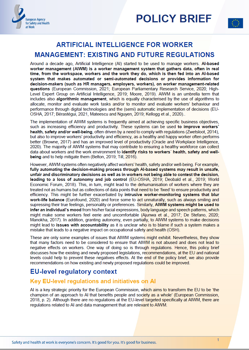 Artificial intelligence for worker management: existing and future regulations