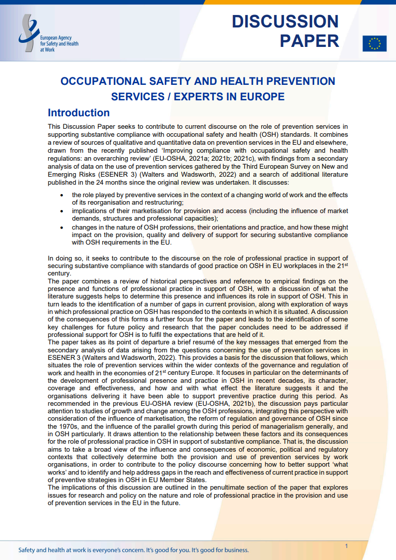 Occupational safety and health prevention services / experts in Europe
