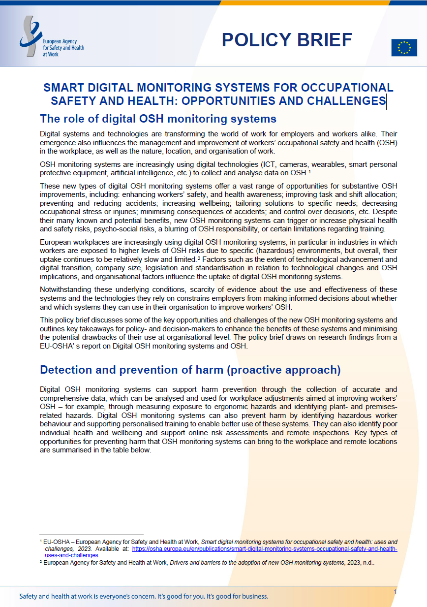 Cover of the Smart digital monitoring systems for OSH policy brief