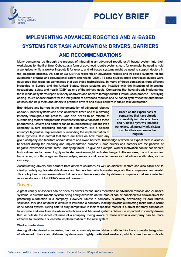 Implementing advanced robotics and AI-based systems for task automation: drivers, barriers and recommendations