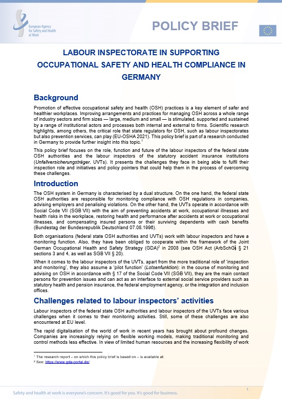 Labour Inspectorate in supporting occupational safety and health compliance in Germany 