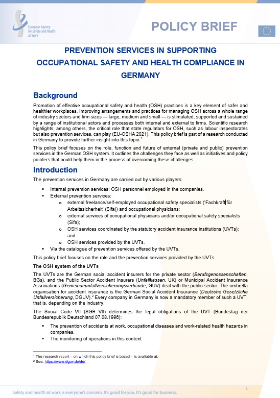 Prevention services in supporting occupational safety and health compliance in Germany