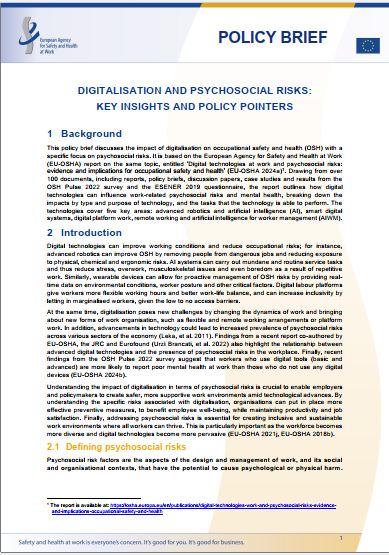 Digitalisation and psychosocial risks: key insights and policy pointers cover