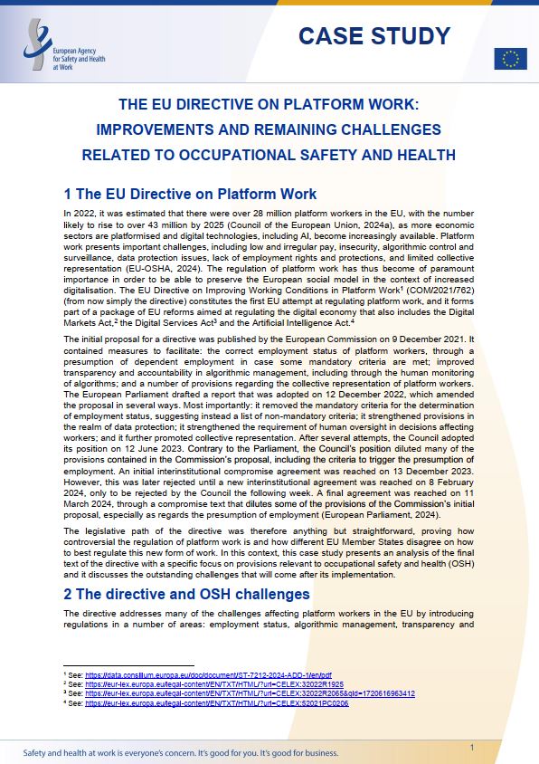 Cover of the case study The EU Directive on platform work: improvements and remaining challenges related to occupational safety and health
