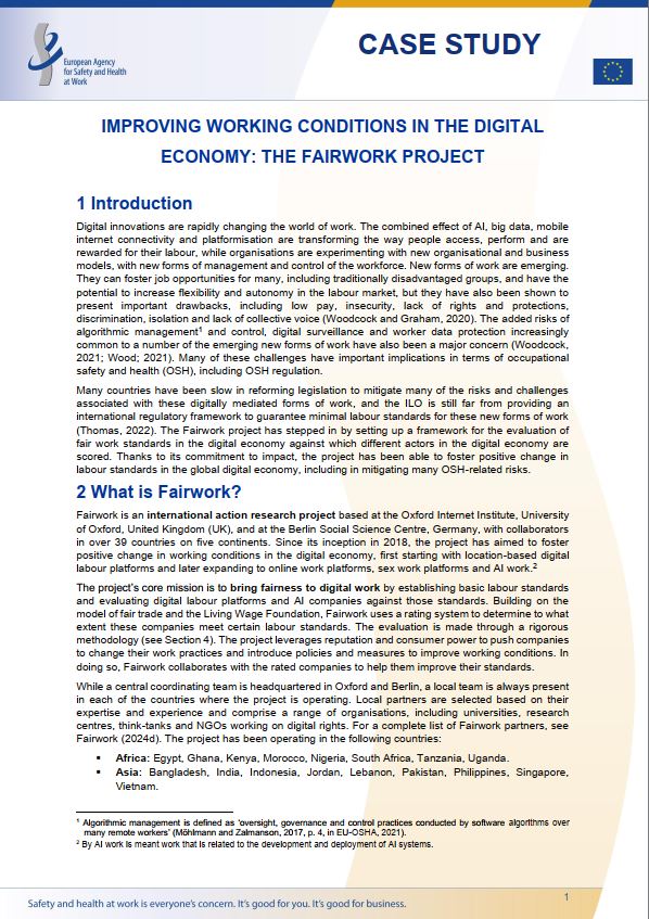 Cover of the case study Improving working conditions in the digital economy: the Fairwork Project 