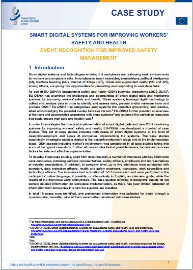 Cover of the case study Event recognition for improved safety management: smart digital systems for improving workers' safety and health