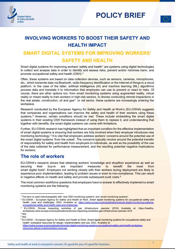 Cover of the policy brief Involving workers to boost their safety and health impact: smart digital systems for improving workers’ safety and health 