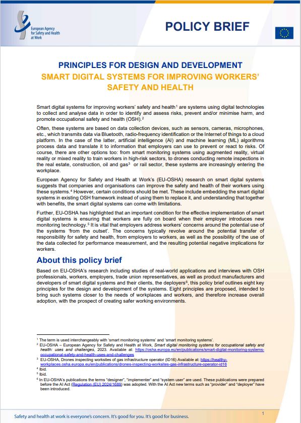 Cover of the policy brief Principles for design and development: smart digital systems for improving workers’ safety and health