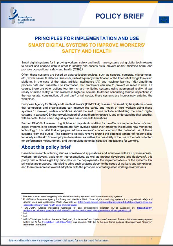 Cover of the policy brief Principles for implementation and use: smart digital systems to improve workers’ safety and health 