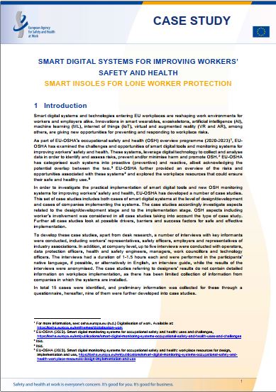 Cover of the case study Smart insoles for lone worker protection: smart digital systems for improving workers' safety and health