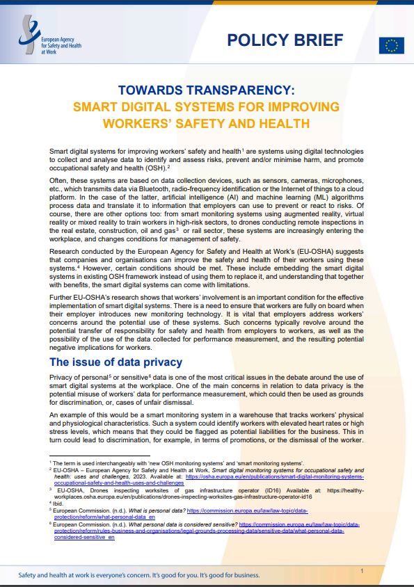 Cover of the policy brief Towards transparency: smart digital systems for improving workers’ safety and health 