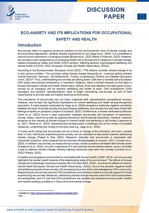 Cover of the Discussion paper Eco-anxiety and its implications for occupational safety and health