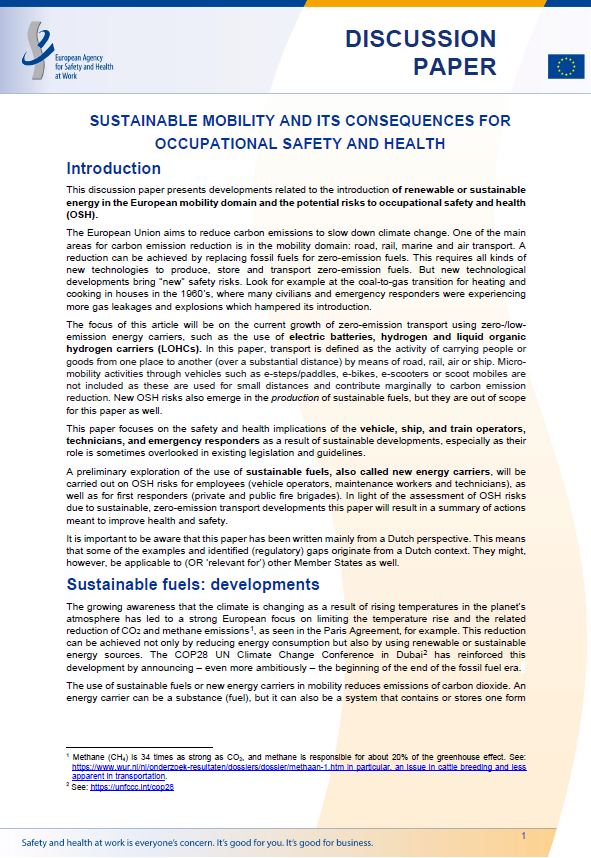 Cover of the Discussion paper Sustainable mobility and its consequences for occupational safety and health