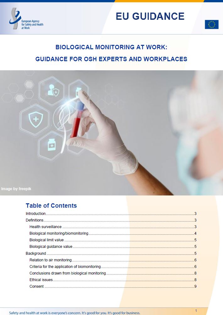 Cover of the EU guide Biological monitoring at work: Guidance for OSH experts and workplaces