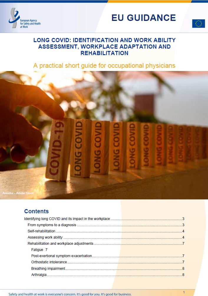 Cover of the EU guidance Long COVID: identification and work ability assessment, workplace adaptation and rehabilitation. A practical short guide for occupational physicians