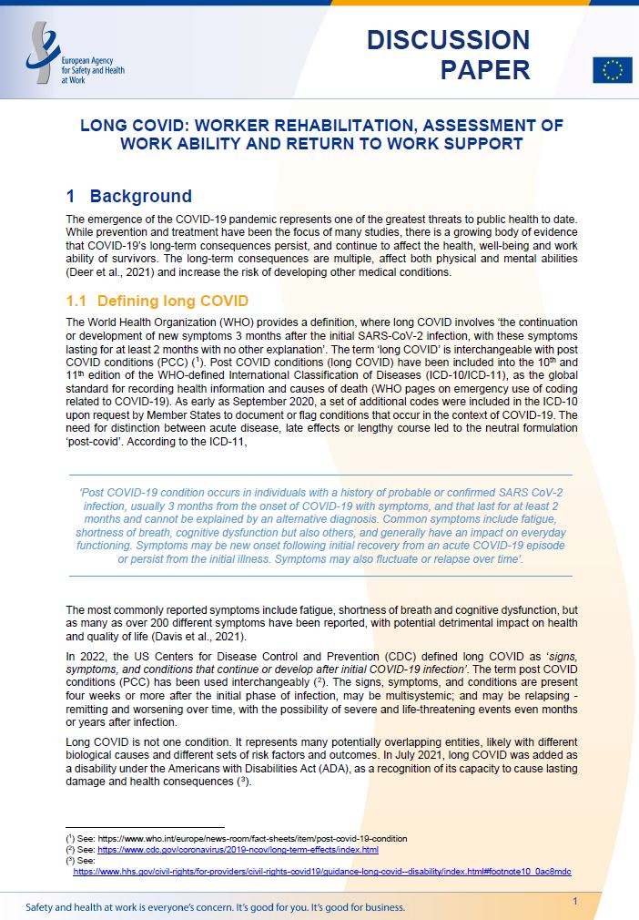 Cover of the discussion paper  Long COVID: worker rehabilitation, assessment of work ability and return to work support