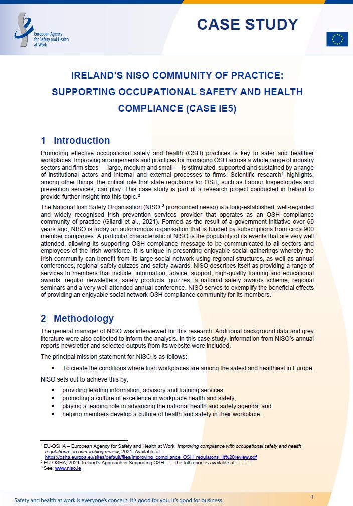 Cover of the case study Ireland's NISO community of practice: supporting occupational safety and health compliance (Case IE5)