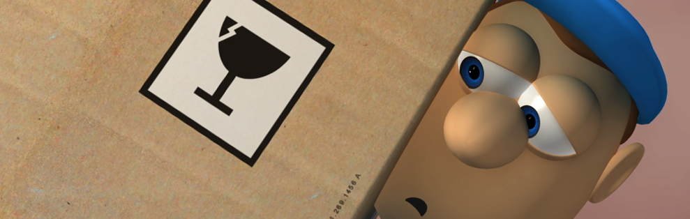 Napo behind a box with fragile symbol