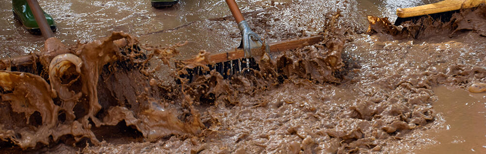 Brushes drag the mud mixed with water