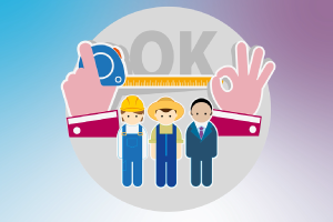 Illustration of three workers standing in front of measuring tools and large hands making “OK” signs, symbolising workplace standards, safety and compliance