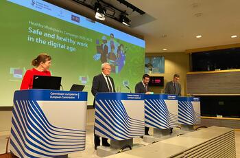 Launch of the Healthy Workplaces campaign on digitalisation at the Berlaymont by Nicolas SCHMIT, European Commissioner for Jobs and Social Rights; Joaquín PÉREZ REY. Acting Spanish State Secretary for Employment and Social Economy and William COCKBURN SALAZAR, Executive Director of the European Agency for Safety and Health at Work (EU-OSHA)