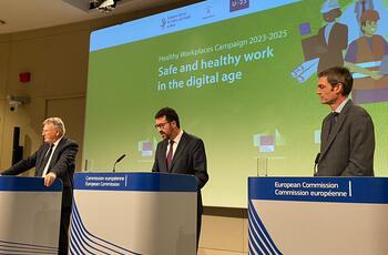 Launch of the Healthy Workplaces campaign on digitalisation at the Berlaymont by Nicolas SCHMIT, European Commissioner for Jobs and Social Rights; Joaquín PÉREZ REY. Acting Spanish State Secretary for Employment and Social Economy and William COCKBURN SALAZAR, Executive Director of the European Agency for Safety and Health at Work (EU-OSHA)