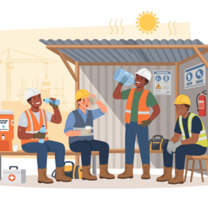 Workers drinking water and resting in shade at construction site